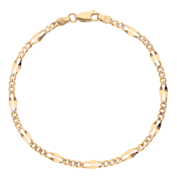 Pulsera de tres eslabones por uno combinado diamantada en oro amarillo 14 kilates.