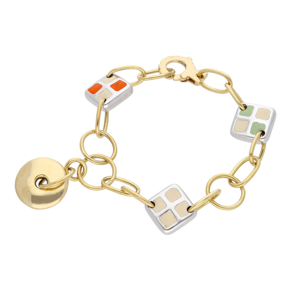 Pulsera eslabón combinado con colgante y esmalte en oro dos tonos 18 kilates.