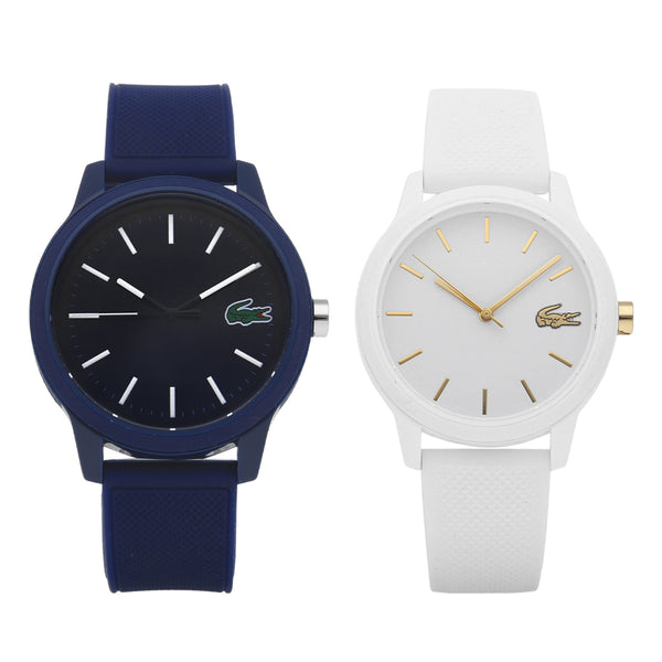 Set de dos Relojes Lacoste para dama y para caballero en acero esmalte correas caucho.