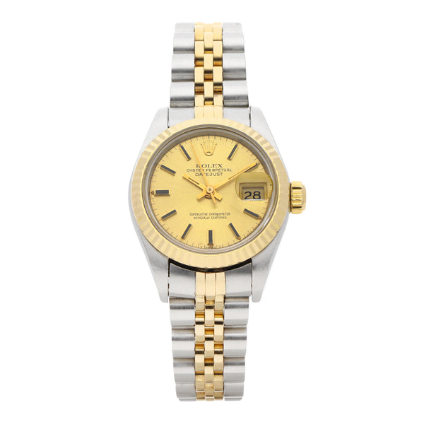 Reloj Rolex para dama modelo Oyster Perpetual DateJust vistas en oro amarillo 18 kilates.