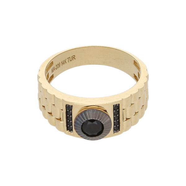 Anillo diseño especial con sintéticos y esmalte en oro amarillo 14 kilates.