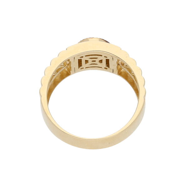 Anillo diseño especial con sintéticos y esmalte en oro amarillo 14 kilates.