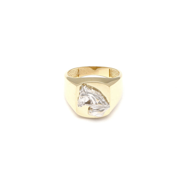 Anillo tipo sello motivo caballo en oro dos tonos 14 kilates.