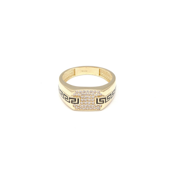 Anillo tipo sello con sintéticos y esmalte motivo grecas en oro amarillo 14 kilates.