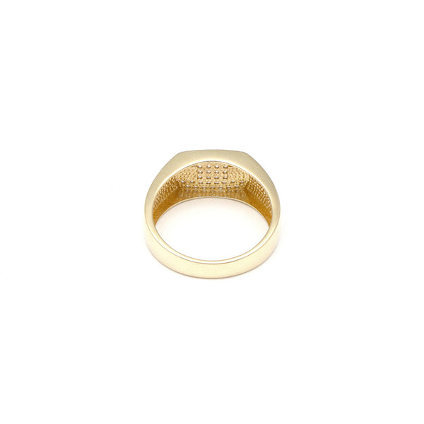 Anillo tipo sello con sintéticos y esmalte motivo grecas en oro amarillo 14 kilates.