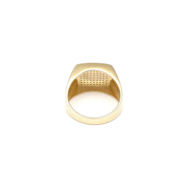 Anillo tipo sello con sintéticos y esmalte motivo grecas en oro amarillo 14 kilates.