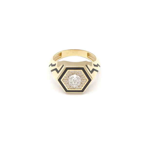 Anillo tipo sello motivo felino con sintéticos y esmalte en oro dos tonos 14 kilates.