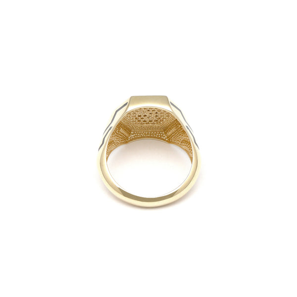 Anillo tipo sello motivo felino con sintéticos y esmalte en oro dos tonos 14 kilates.