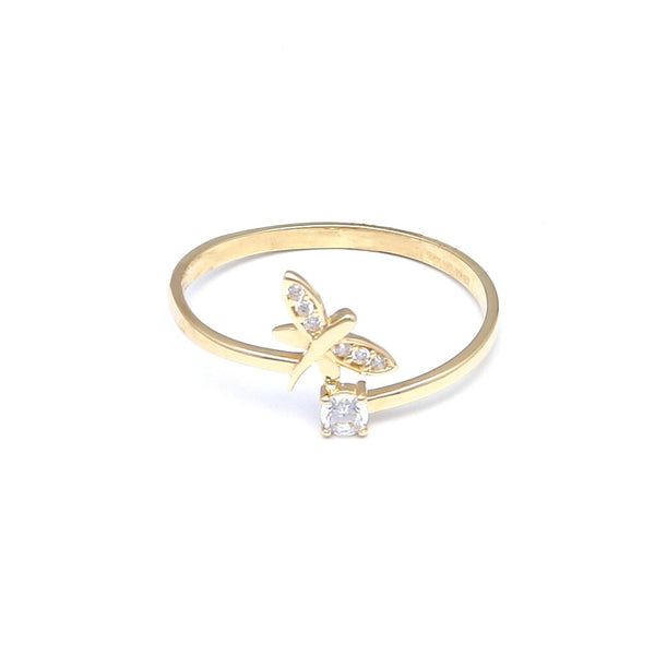 Anillo diseño especial motivo libélula con circonias en oro amarillo 14 kilates.