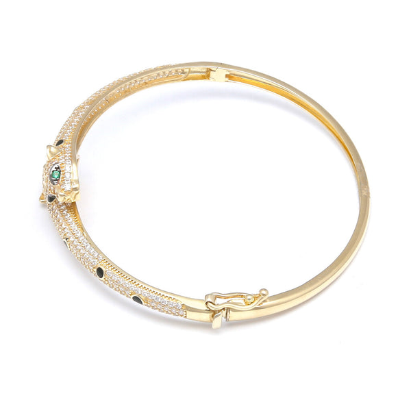 Pulsera de arillo ovalada articulada motivo felinos con circonias, sintéticos y esmalte en oro amarillo 14 kilates.