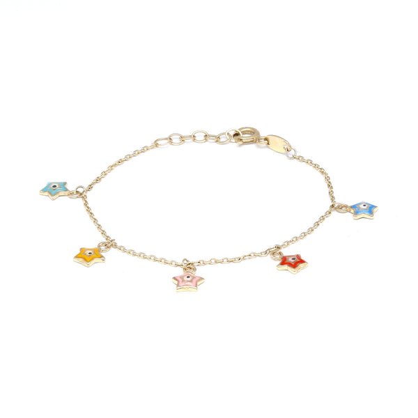 Pulsera infantil eslabón cruzado con cinco dijes motivo estrella y esmalte en oro amarillo 14 kilates.