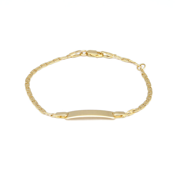 Pulsera infantil eslabón nudo marino con placa en oro amarillo 14 kilates.