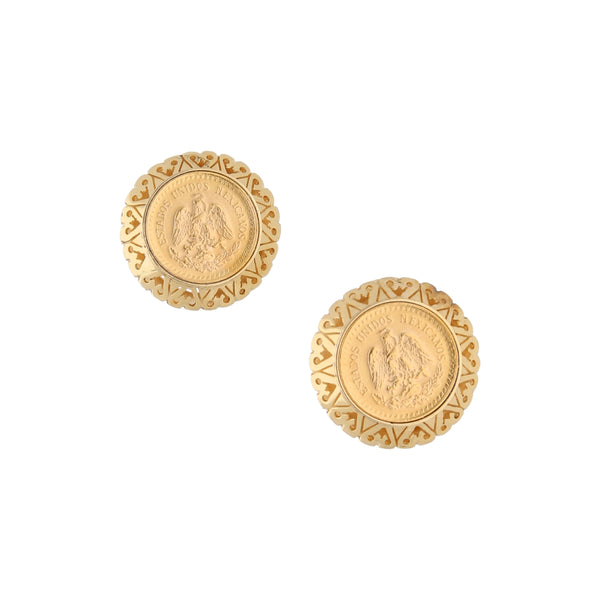 Aretes calados con dos monedas de dos y medio pesos oro mexicano 21.6 kilates y oro amarillo 14 kilates.