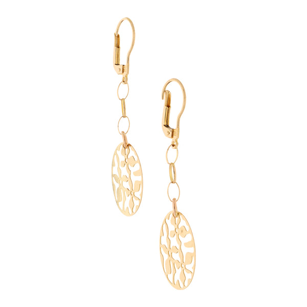 Aretes con colgantes calados motivo floral en oro amarillo 14 kilates.