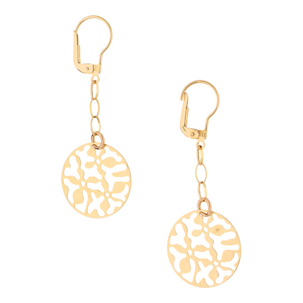 Aretes con colgantes calados motivo floral en oro amarillo 14 kilates.