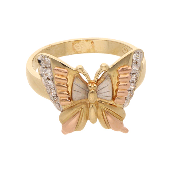 Anillo diseño especial motivo mariposa con circonias en oro amarillo 14 kilates.