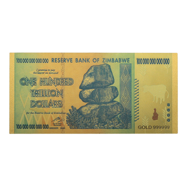 Billete de 100 trillones de dolares de Zimbabwe con vistas doradas.