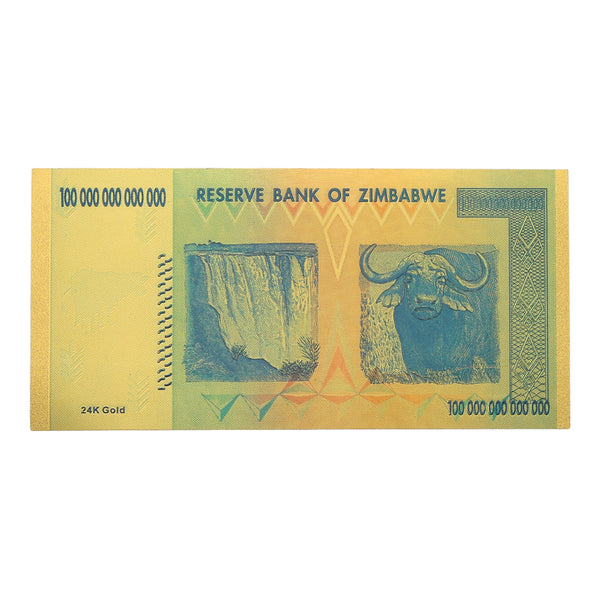 Billete de 100 trillones de dolares de Zimbabwe con vistas doradas.