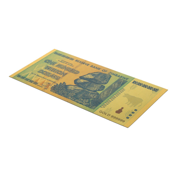 Billete de 100 trillones de dolares de Zimbabwe con vistas doradas.