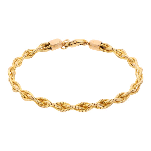 Pulsera cuatro hilos entrelazados eslabón cola de ratón en oro amarillo 14 kilates.