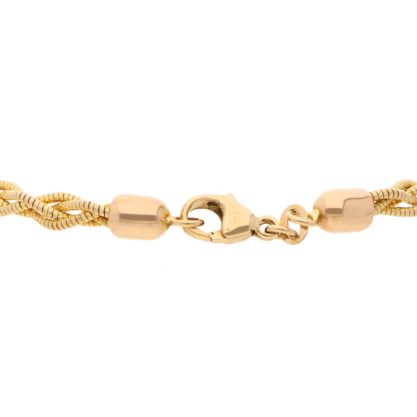 Pulsera cuatro hilos entrelazados eslabón cola de ratón en oro amarillo 14 kilates.