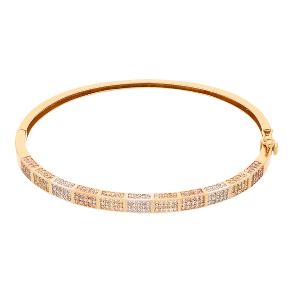 Pulsera de arillo articulada ovalada con sintéticos en oro tres tonos 14 kilates.