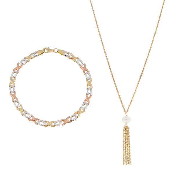 Gargantilla eslabón torzal con perla en oro amarillo, pulsera eslabón articulado en oro tres tonos 14 kilates.