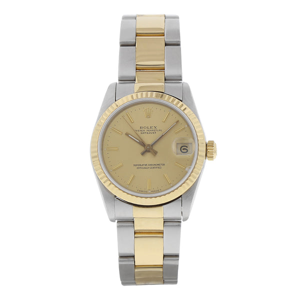Reloj Rolex para dama modelo Oyster Perpetual DateJust vistas en oro amarillo 18 kilates.