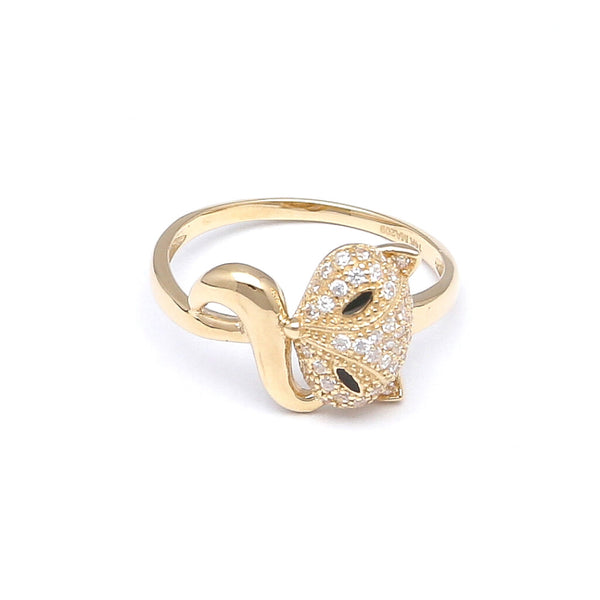 Anillo liso motivo felino con esmalte y circonias en oro amarillo 14 kilates.