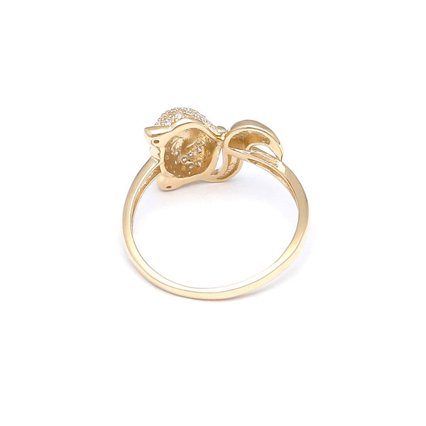 Anillo liso motivo felino con esmalte y circonias en oro amarillo 14 kilates.