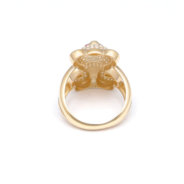 Anillo liso motivo oso con circonias y sintéticos en oro amarillo 14 kilates.