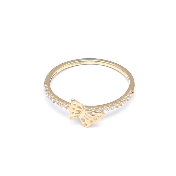 Anillo calado motivo mariposa con circonias en oro amarillo 14 kilates.