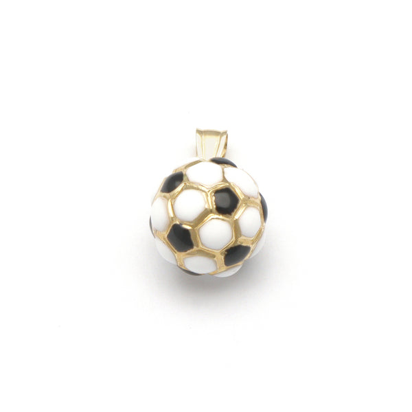 Dije diseño especial motivo balón de futbol soccer con esmalte en oro amarillo 14 kilates.