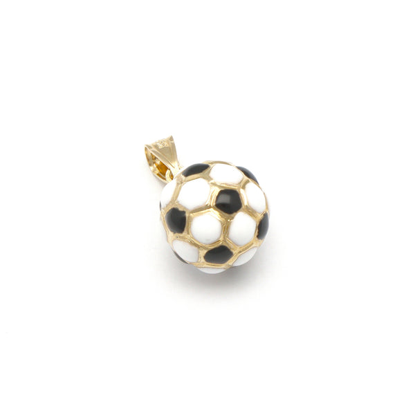 Dije diseño especial motivo balón de futbol soccer con esmalte en oro amarillo 14 kilates.