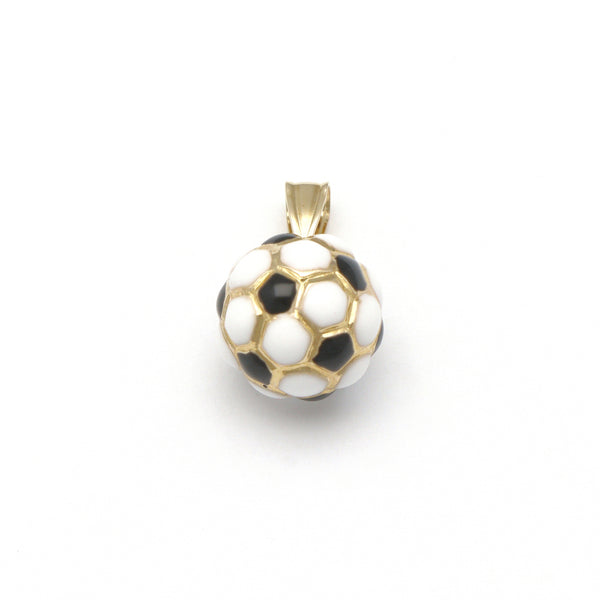 Dije diseño especial motivo balón de futbol soccer con esmalte en oro amarillo 14 kilates.