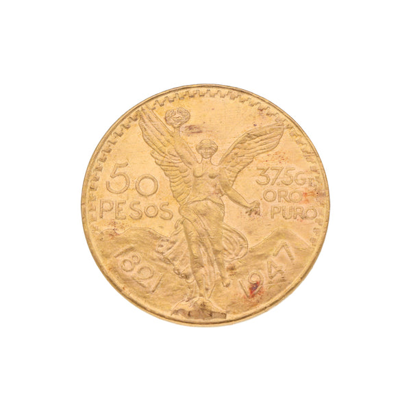 Moneda de cincuenta pesos oro mexicano 21.6 kilates.