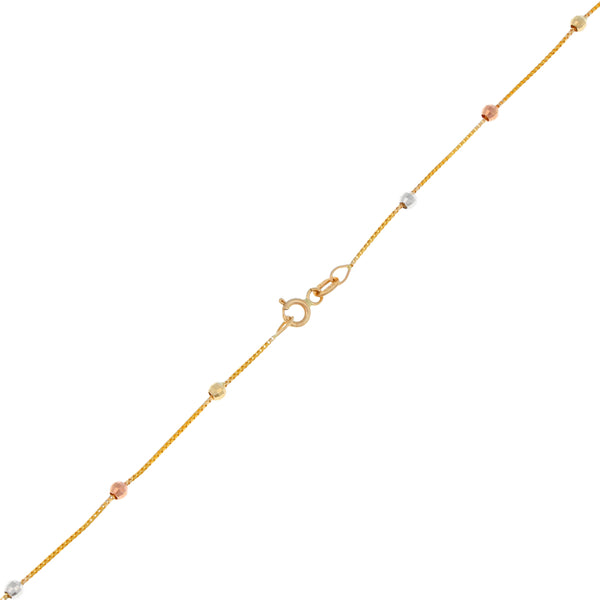 Gargantilla eslabón cuadrado cruzado con esferas en oro tres tonos 14 kilates.