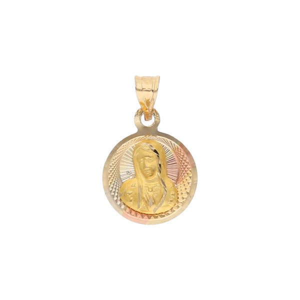 Medalla diseño especial motivo Virgen de Guadalupe en oro tres tonos 14 kilates.