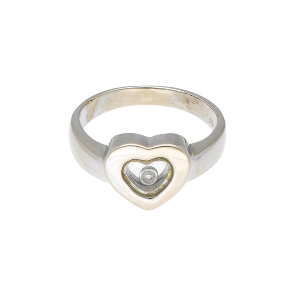 Anillo diseño especial motivo corazón con circonia en oro blanco 18 kilates.