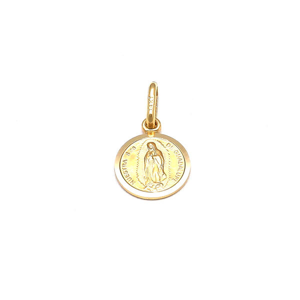 Medalla diseño especial motivo Virgen de Guadalupe en oro amarillo 14 kilates.