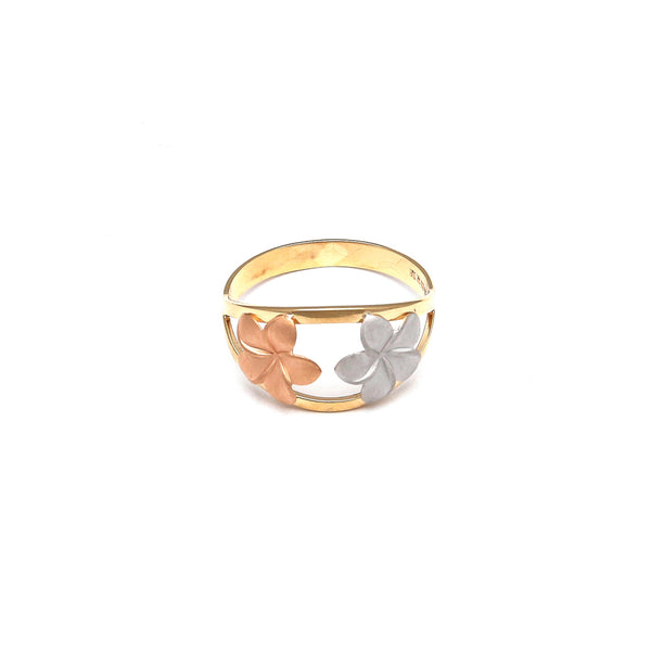 Anillo calado motivo floral en oro tres tonos 14 kilates.