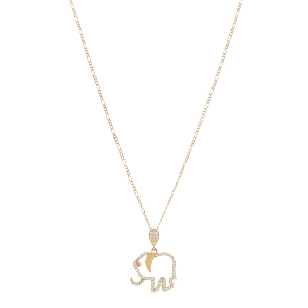 Dije diseño especial motivo elefante con circonias y collar de tres eslabones por uno en oro amarillo 14 kilates.