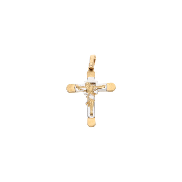 Crucifijo diseño especial con circonias en oro dos tonos 14 kilates.