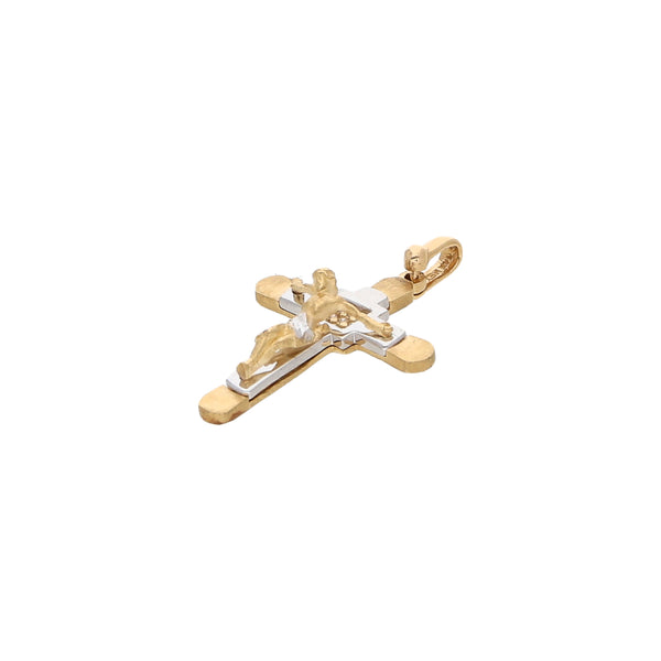 Crucifijo diseño especial con circonias en oro dos tonos 14 kilates.