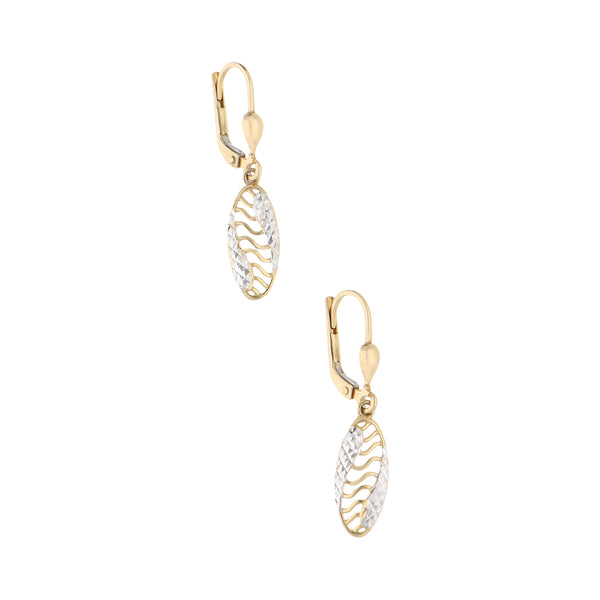 Aretes calados platinados con colgante en oro amarillo 14 kilates.