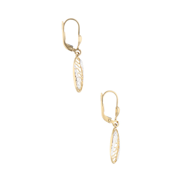 Aretes calados platinados con colgante en oro amarillo 14 kilates.