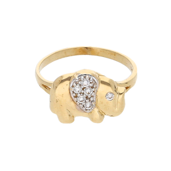 Anillo diseño especial motivo elefante con circonias en oro amarillo 14 kilates.