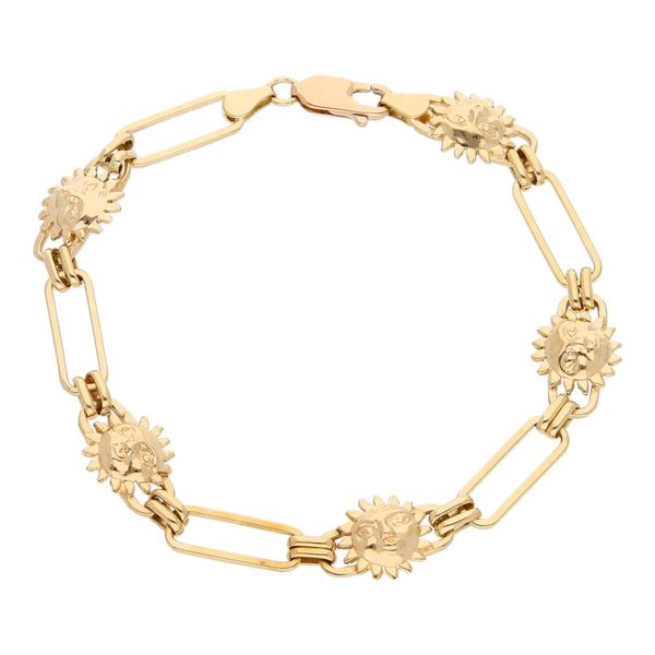 Pulsera eslabón combinado motivo sol en oro amarillo 14 kilates.