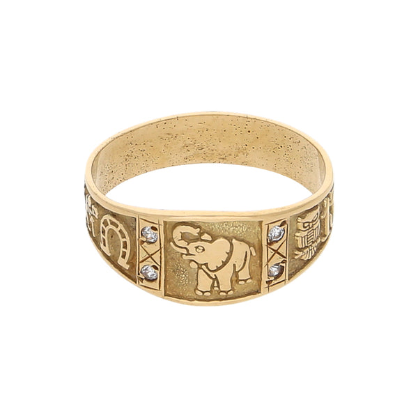 Anillo diseño especial motivos de la suerte con circonias en oro amarillo 14 kilates.