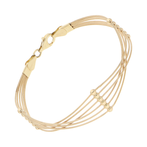 Pulsera seis hilos eslabón trenzado con aplicaciones en oro amarillo 14 kilates.